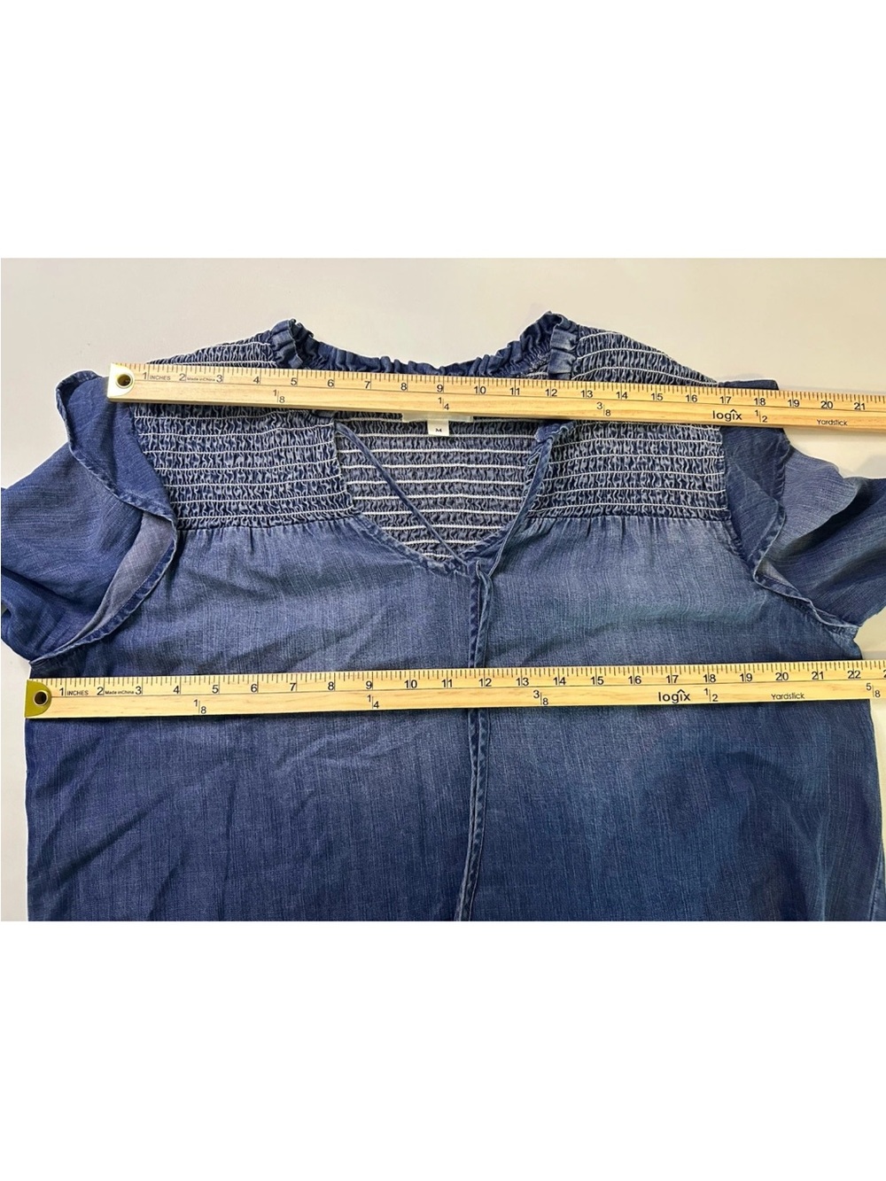 CLOTH & STONE Anthropology Sz M Blue Chambray Blouse Women's Peasant Top - Picture 7 of 12